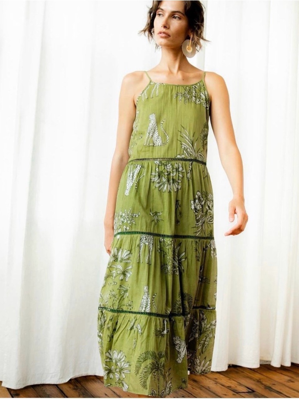 Olive Green Serengue Printed Tiered Maxi Dress with Spaghetti Straps